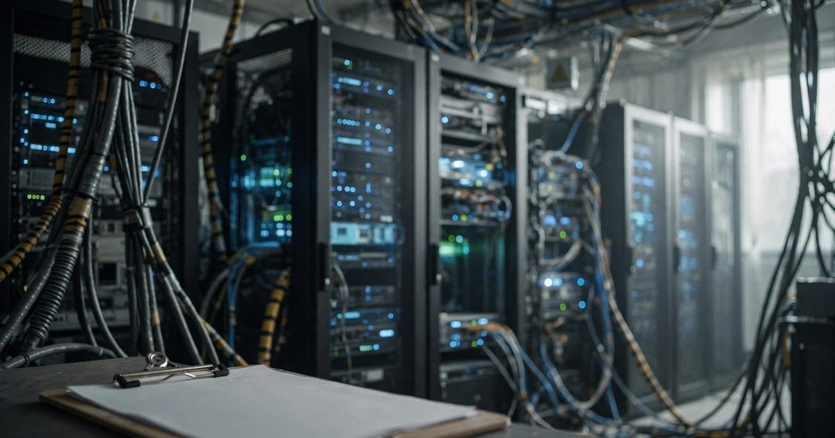 Ilustração editorial: Um data center de GPUs ligado a uma turbina industrial diante de um medidor de energia no limite.