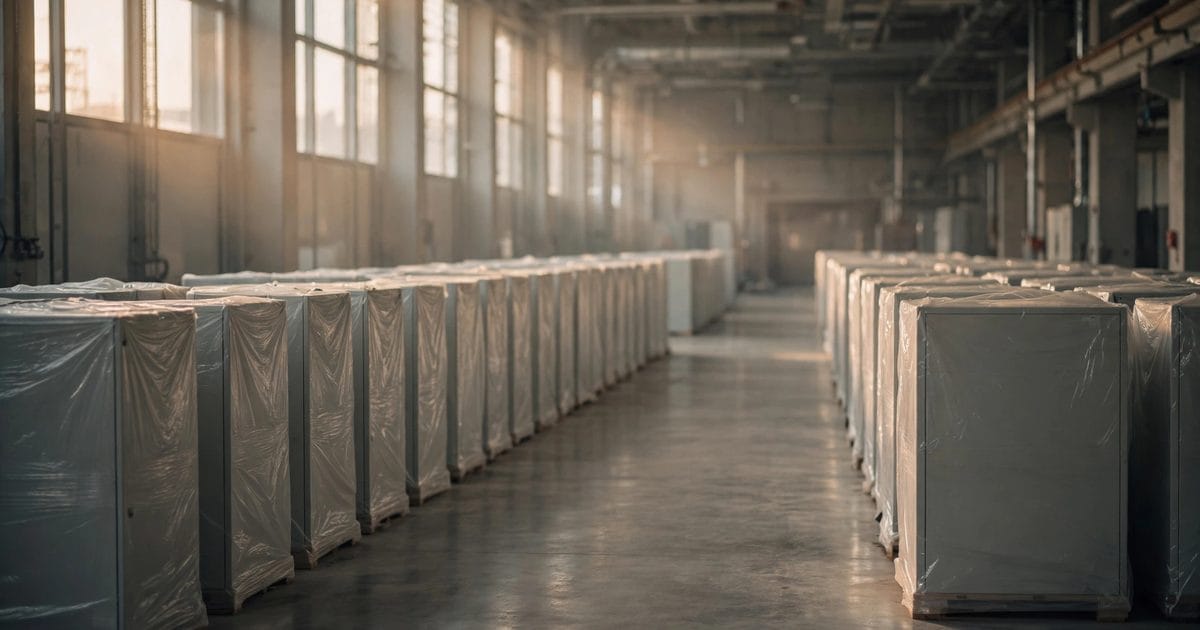 Ilustracao editorial: Galpão vazio de data center, com piso de concreto polido e fileiras de racks ainda embalados em plástico esperando para serem ligados.