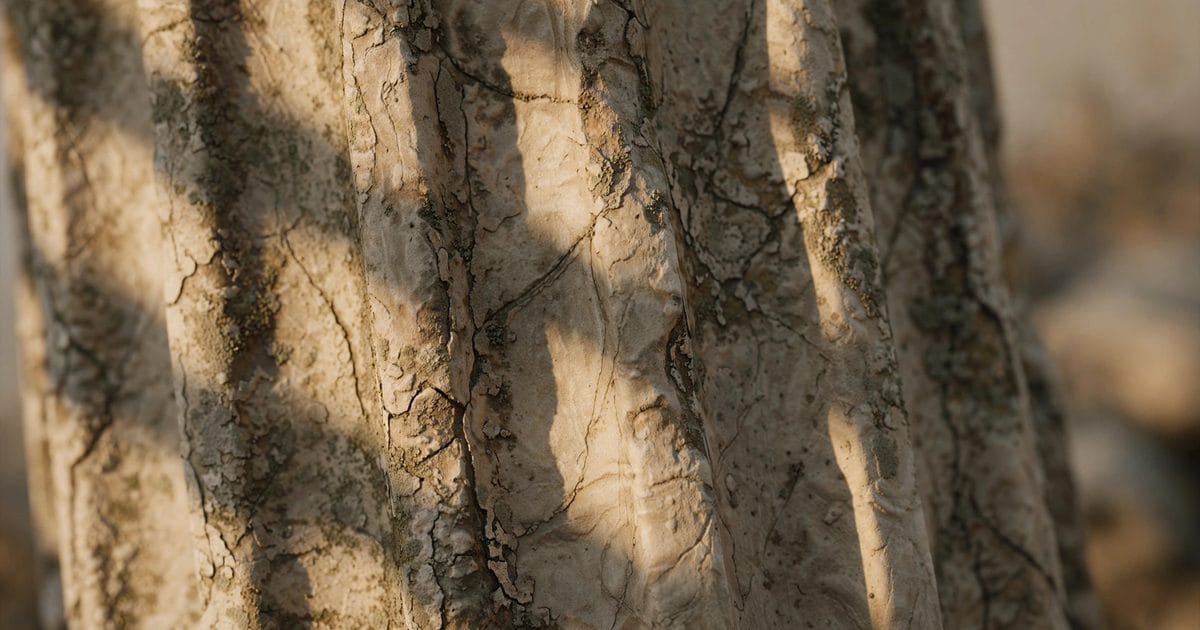 Ilustracao editorial: close de coluna de pedra antiga com textura de marmore envelhecido, banhada por luz dourada do fim de tarde.