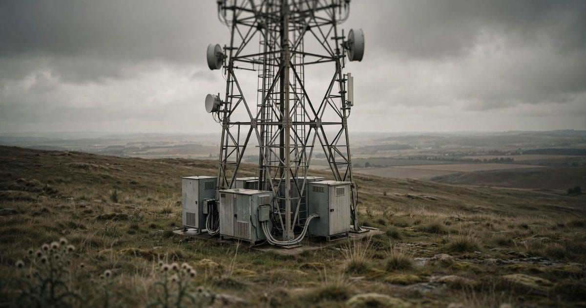 Ilustra????o editorial: Torre de transmiss??o de telecomunica????es no campo europeu com caixas de controle sob c??u cinzento.