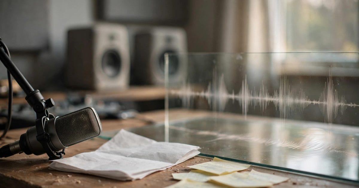 Ilustração editorial: Um estúdio de rádio em miniatura, com um roteiro de papel se transformando em ondas sonoras que incorporam discretamente uma paisagem musical.