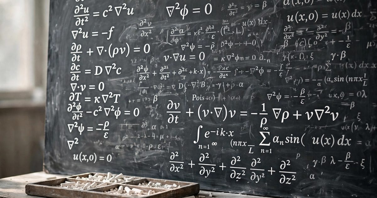 Ilustra????o editorial: Quadro-negro de universidade coberto de equa????es matem??ticas manuscritas com giz em sala de aula vazia.